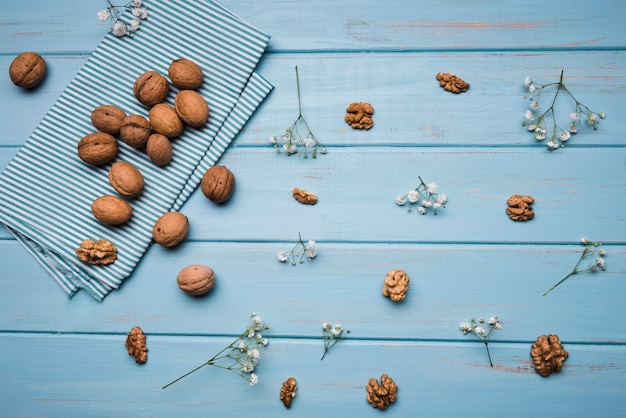 Top view of nuts on wooden table