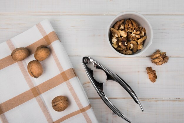 Top view nuts on wooden table