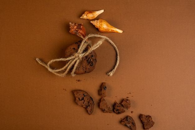 Free photo top view of oatmeal cookies with chocolate chips falling broken and shells on ocher