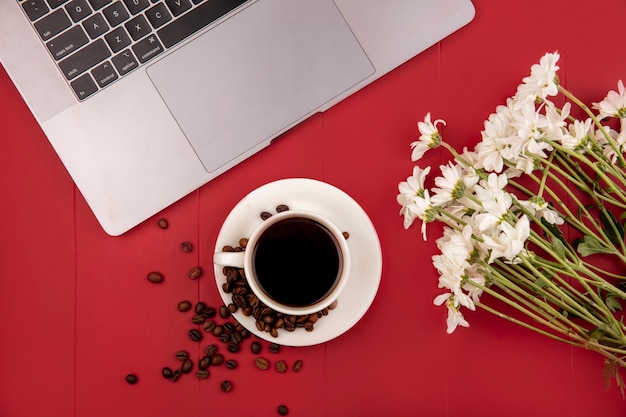 無料写真 赤い背景に白い花とコーヒー豆と白いカップの上のコーヒーの上面図