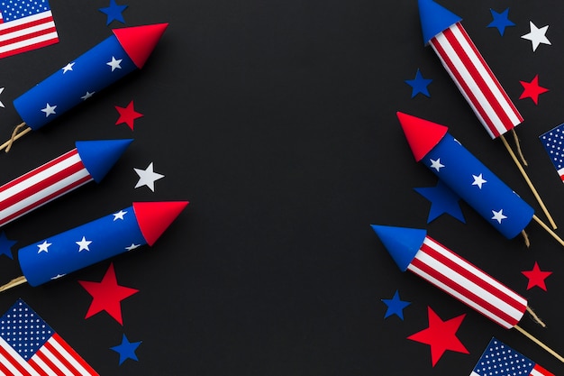 星とアメリカの国旗と独立記念日の花火のトップビュー