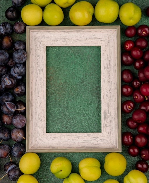 Бесплатное фото Вид сверху красной вишни с темно-фиолетовыми тернами с зелеными алычами на зеленом фоне с копией пространства