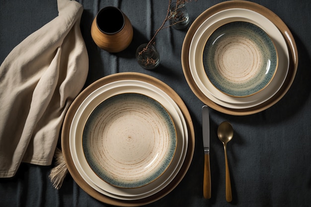 無料写真 空の皿と食器のテーブル アレンジの平面図