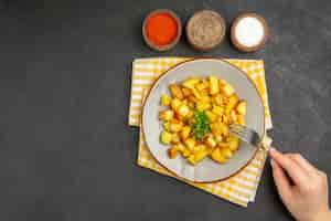 Бесплатное фото Вид сверху вкусного жареного картофеля внутри тарелки с приправами на темной поверхности