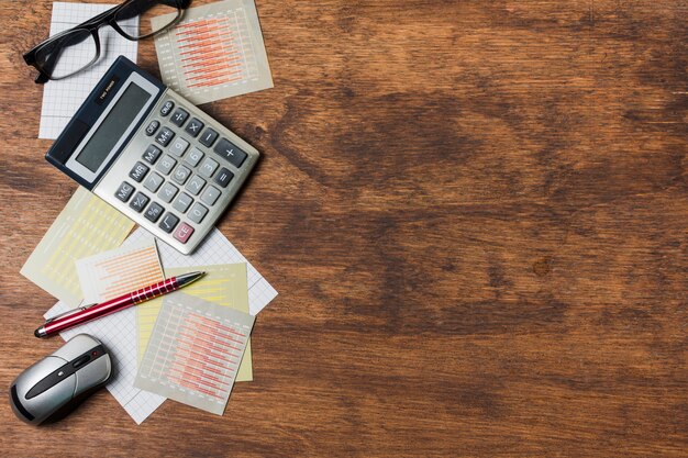 Top view office material on a table