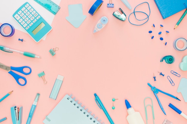 Top view of office stationery with compass and copy space