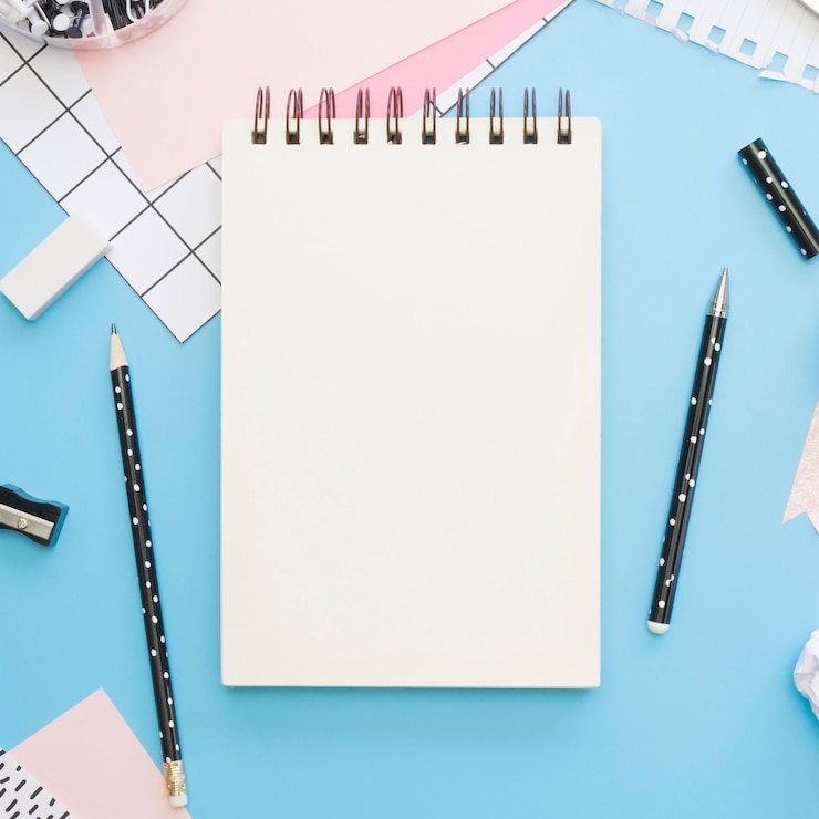Free Photo top view of office stationery with pencil and pen