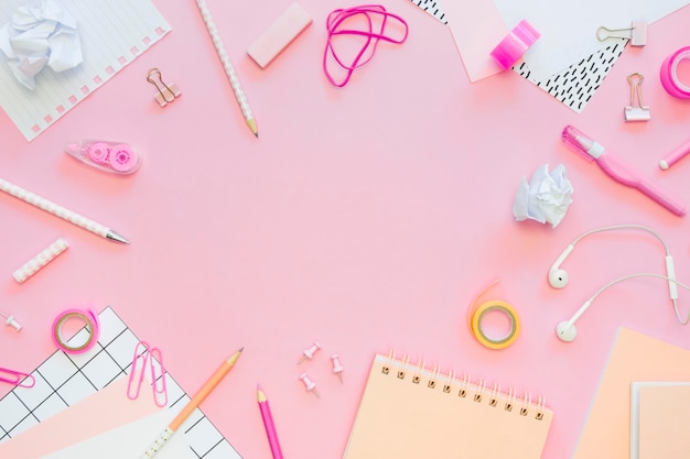 Top view of office stationery with pencils and copy space