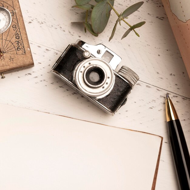 top view old photo camera for traveling