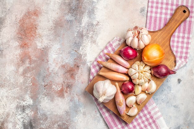 Top view onions and garlics fresh ingredients for meal