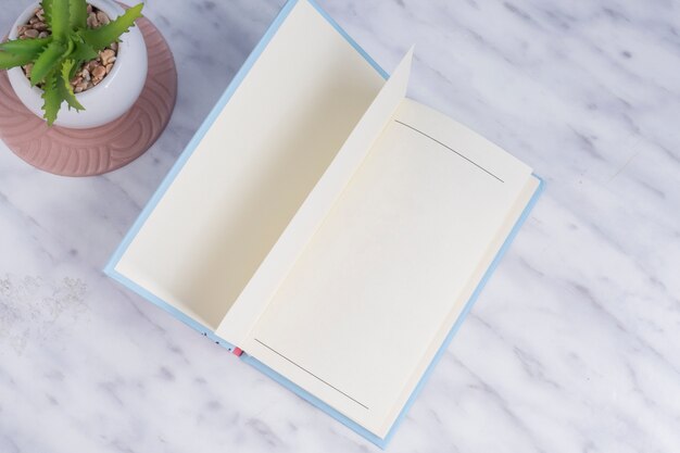 Top view of open book on table