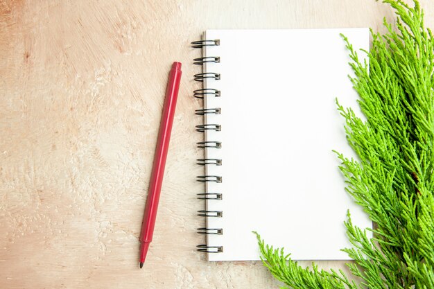 Top view open notepad with green branch and pencil