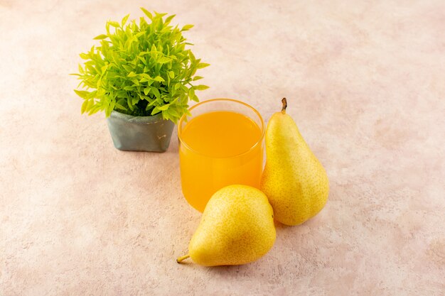 A top view orange juice inside little glass along with pears and little plant on the pink background drink fruit