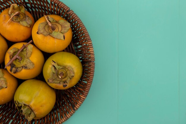 Top view of orange unripe persimmon fruits on a bucket on a blue wooden table with copy space