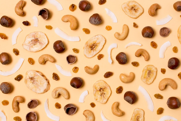 Top view organic cashews and raisins on the table