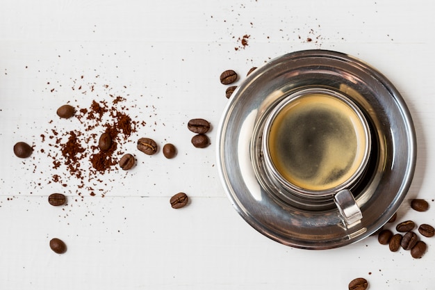 Top view organic coffee cup on the table