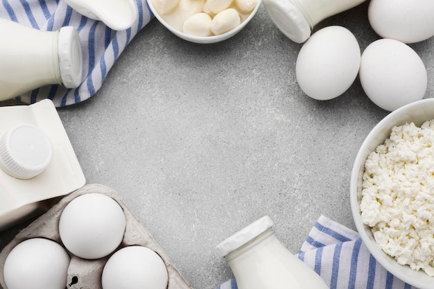 Top view organic eggs with fresh milk