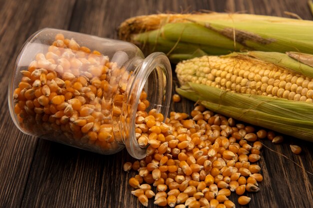 Top view of organic and fresh corns with hair with corn kernels falling out of a glass jar on a wooden table