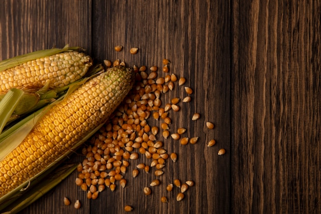 Top view of organic fresh corns with hair with kernels isolated on a wooden table with copy space