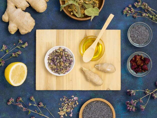 Top view of organic medicinal spices and herbs