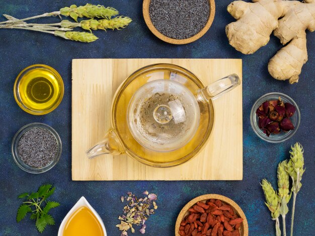 Top view of organic medicinal spices and herbs