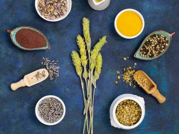 Top view of organic medicinal spices and herbs