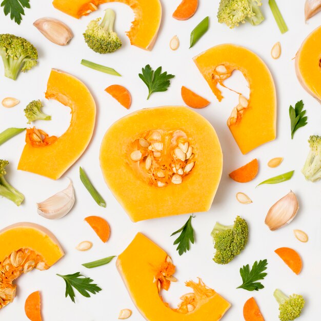 Top view organic pumpkin with broccoli on the table