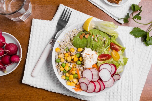 Top view of organic vegetables on plate