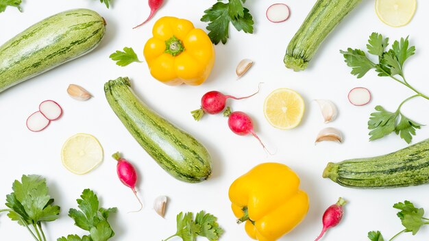 Top view organic vegetables on the table