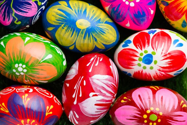 Top view of painted eggs for easter day