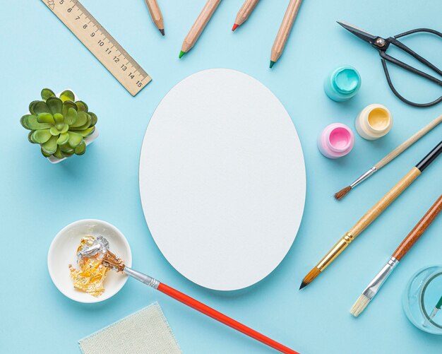 top view of painting set with brushes