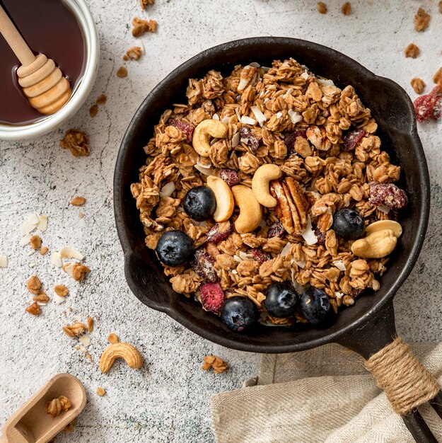 Top view pan with homemade granola