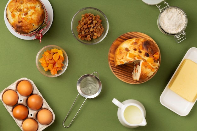 Top view panettone and ingredients