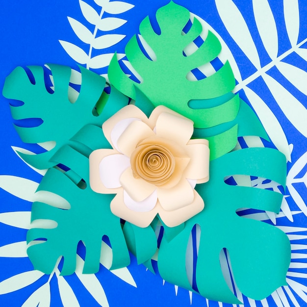 Free photo top view paper flower and leaves