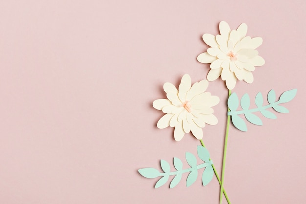 Foto gratuita vista superiore del fiore di primavera di carta con foglie e copia spazio