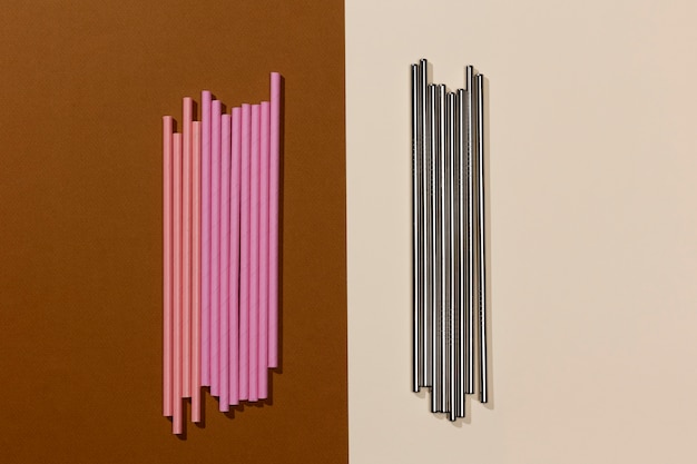 Top view of paper straws versus metallic ones