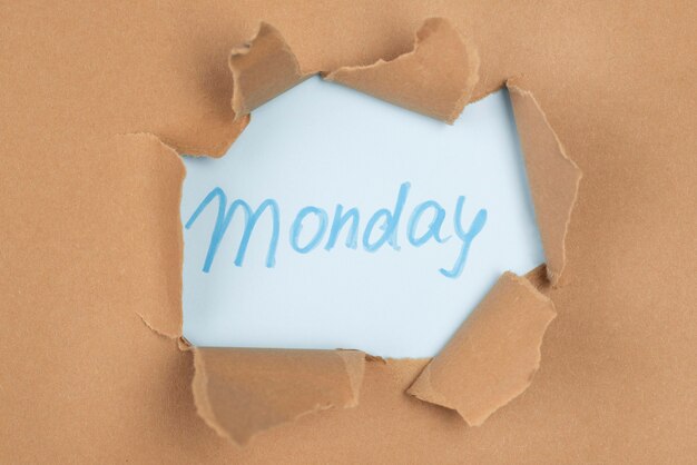 Top view of paper tear with monday