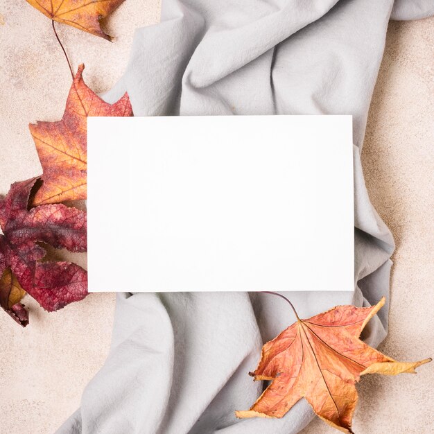 Top view of paper with fabric and autumn leaves