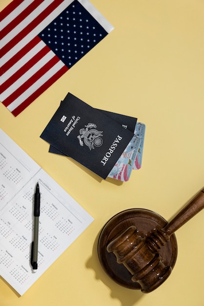 Top view passports and flag arrangement