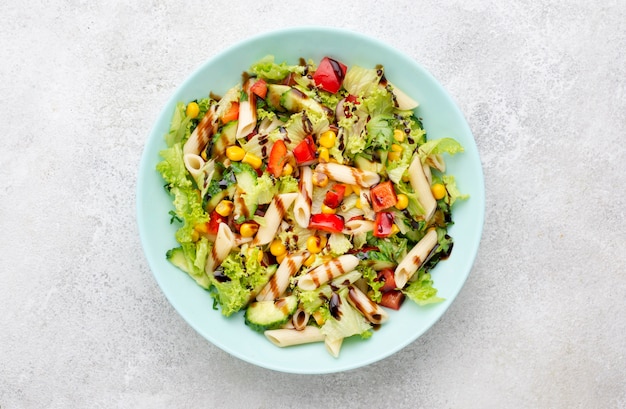 Top view pasta salad with balsamic vinegar