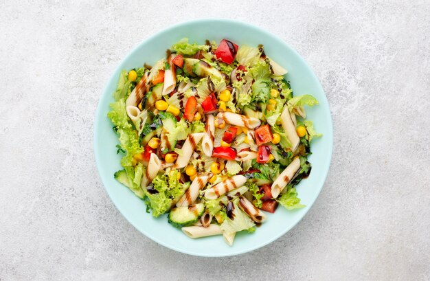 Top view pasta salad with balsamic vinegar