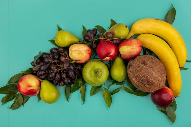 파란색 배경에 잎 코코넛 배 복숭아 포도 바나나 사과로 과일 패턴의 상위 뷰