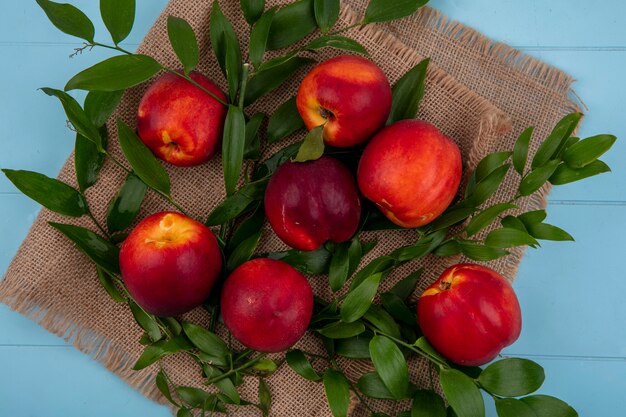 Top view of peaches with leaf branches on a beige napkin on a light blue surface