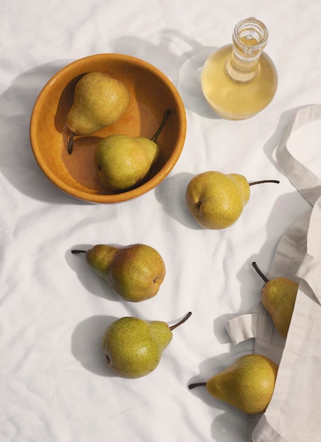 Top view  pears arrangement with bowl