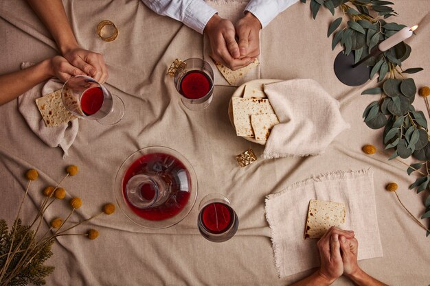 Top view of people having a feast for the first day of passover seder