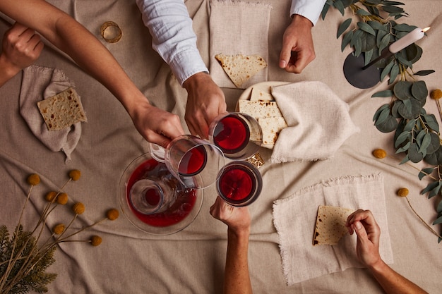 Top view of people having a feast for the first day of passover seder