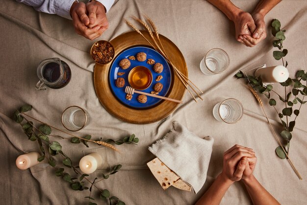 Top view of people having a feast for the first day of passover seder