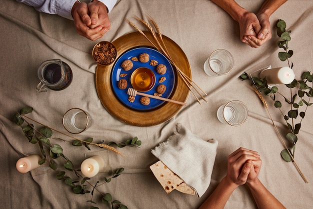 Top view of people having a feast for the first day of passover seder