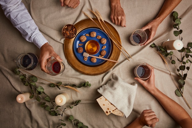 Top view of people having a feast for the first day of passover seder