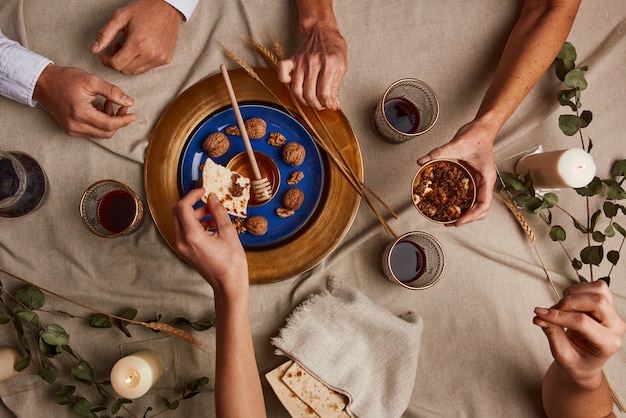 Top view of people having a feast for the first day of passover seder